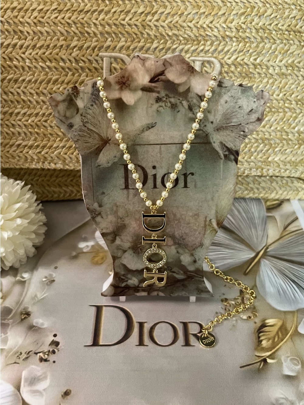 Dior Gold and Pearl 'DIOR' Drop Pendant Necklace